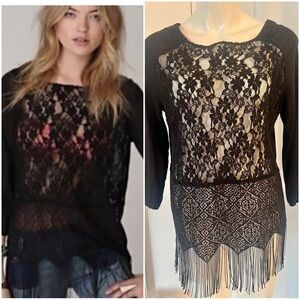 Free People Windows of Lace Elegant Black Lace Fringe Festival Top Size Small